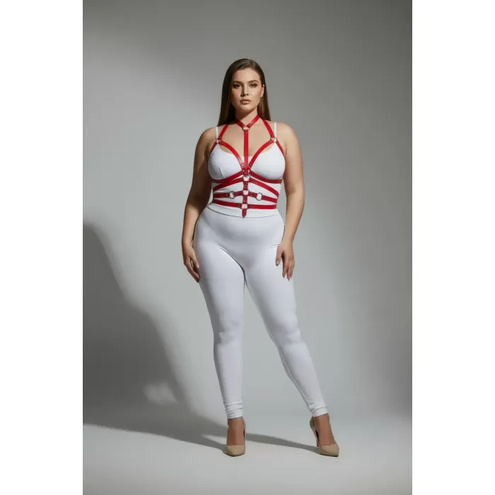 Büyük Beden Kırmızı Kadın Harness Takım Tam Vücut Ayarlanabilir Deri Aksesuarı - APFT24