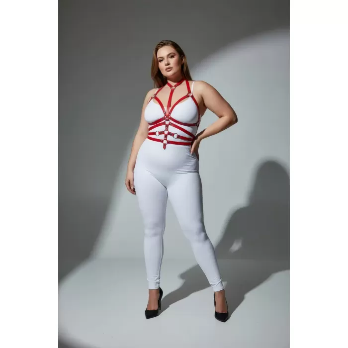 Büyük Beden Kırmızı Kadın Harness Takım Tam Vücut Ayarlanabilir Deri Aksesuarı - APFT24