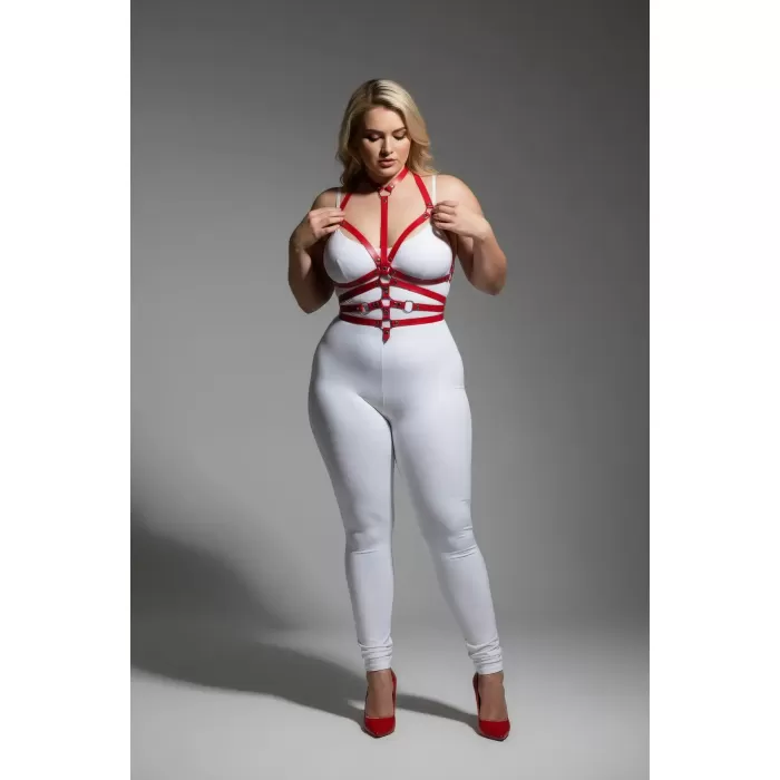 Büyük Beden Kırmızı Kadın Harness Takım Tam Vücut Ayarlanabilir Deri Aksesuarı - APFT24