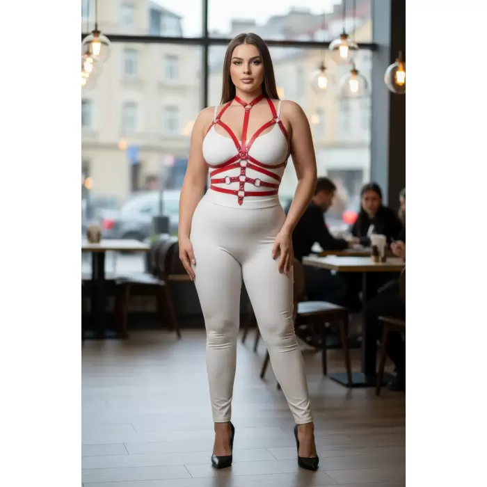 Büyük Beden Kırmızı Kadın Harness Takım Tam Vücut Ayarlanabilir Deri Aksesuarı - APFT24