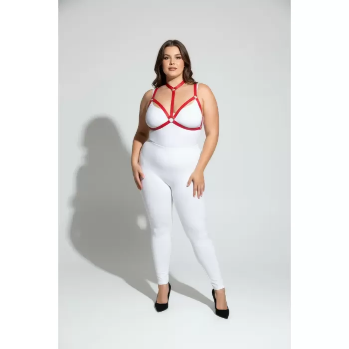 Büyük Beden Kırmızı Kadın Harness Takım Halka Detaylı Lastik Fantezi Aksesuar - APFT93