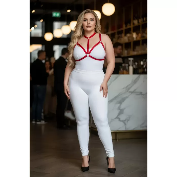Büyük Beden Kırmızı Kadın Harness Takım Halka Detaylı Lastik Fantezi Aksesuar - APFT93