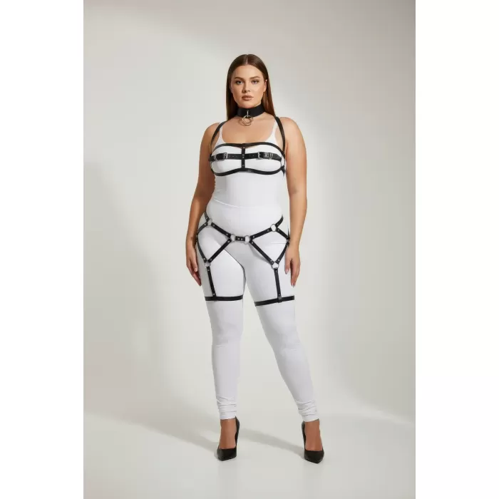 Büyük Beden Siyah Kadın Jartiyer Harness Takım Tasmalı Deri Vücut Aksesuarı - APFT242