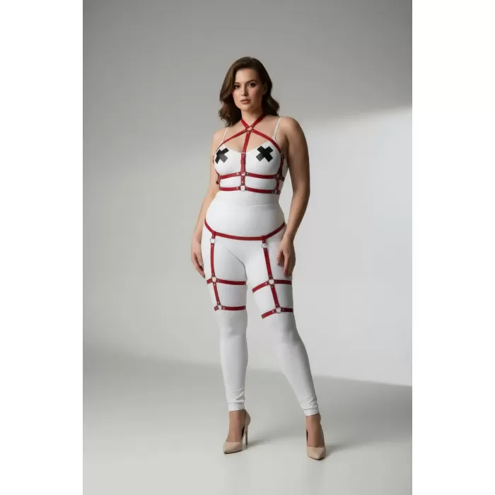 Büyük Beden Kırmızı Kadın Jartiyer Harness Deri Vücut Aksesuarı Kombini - APFT272