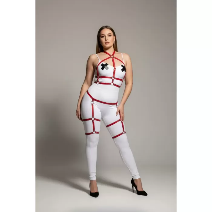 Büyük Beden Kırmızı Kadın Jartiyer Harness Deri Vücut Aksesuarı Kombini - APFT272