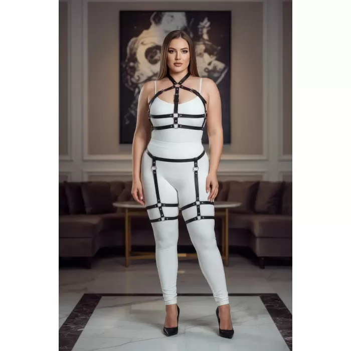 Büyük Beden Siyah Kadın Jartiyer Harness Takımı Ayarlanabilir Fantezi Aksesuarı - APFT272