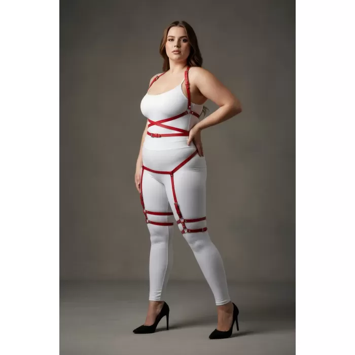 Büyük Beden Kırmızı Kadın Jartiyer Harness Deri Fantazi Vücut Takımı - APFT274