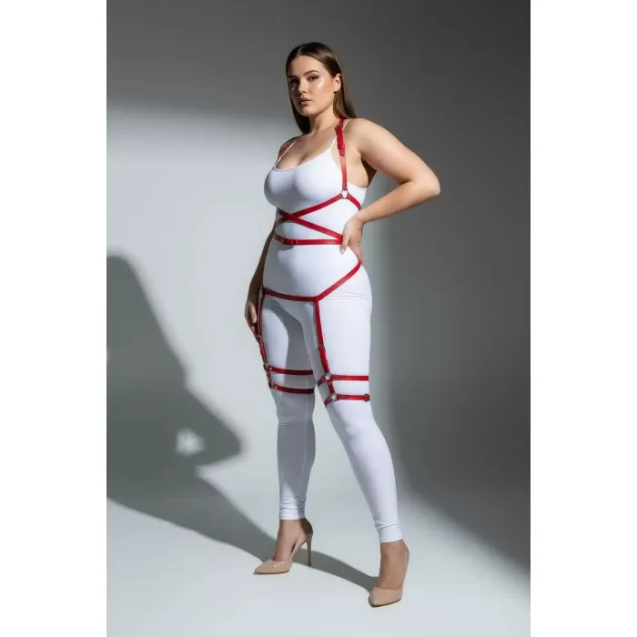 Büyük Beden Kırmızı Kadın Jartiyer Harness Deri Fantazi Vücut Takımı - APFT274