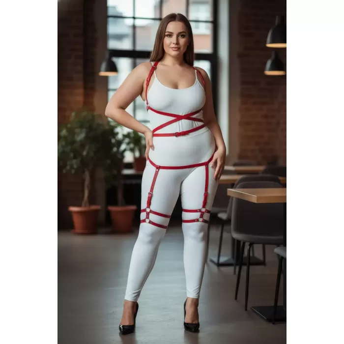 Büyük Beden Kırmızı Kadın Jartiyer Harness Deri Fantazi Vücut Takımı - APFT274
