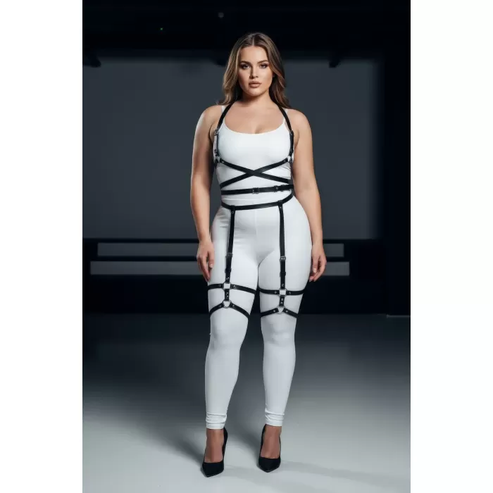 Büyük Beden Siyah Kadın Deri Jartiyer Harness Vücudu Saran Şık Kombin Aksesuarı - APFT274