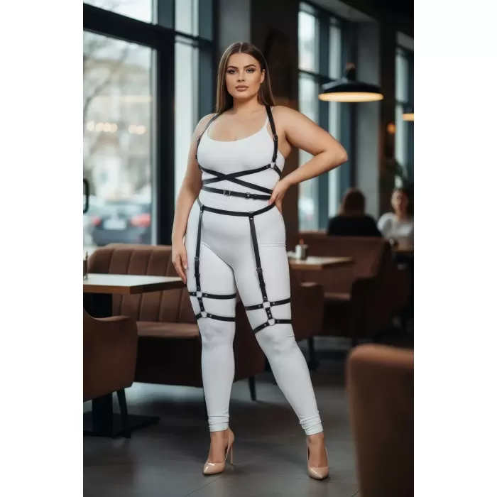 Büyük Beden Siyah Kadın Deri Jartiyer Harness Vücudu Saran Şık Kombin Aksesuarı - APFT274