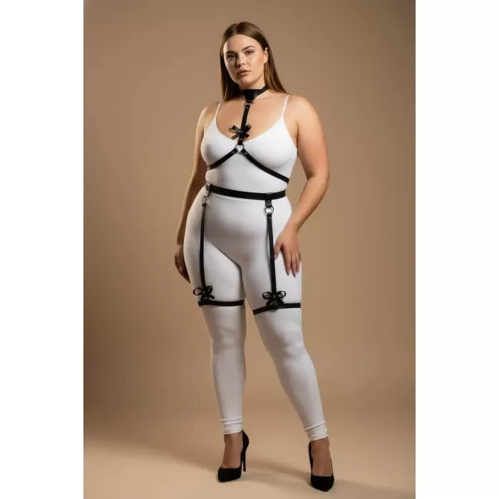 Büyük Beden Siyah Kadın Jartiyer Harness Fiyonk Detaylı Fantazi Vücut Aksesuarı - APFT276