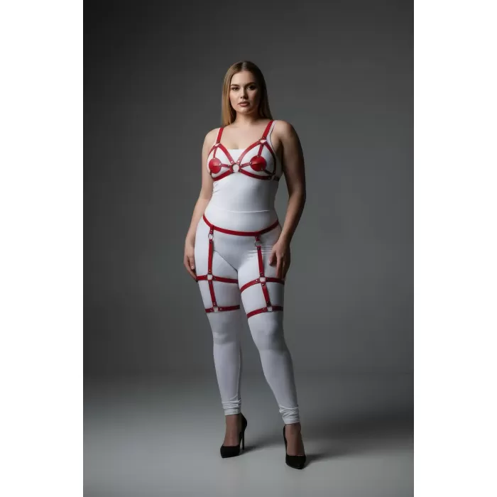 Büyük Beden Kırmızı Kadın Jartiyer Harness Deri Fantazi Giyim Takımı - APFT285