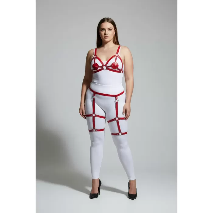 Büyük Beden Kırmızı Kadın Jartiyer Harness Deri Fantazi Giyim Takımı - APFT285