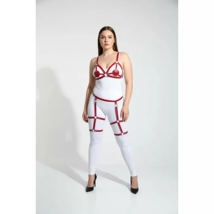 Büyük Beden Kırmızı Kadın Jartiyer Harness Deri Fantazi Giyim Takımı - APFT285