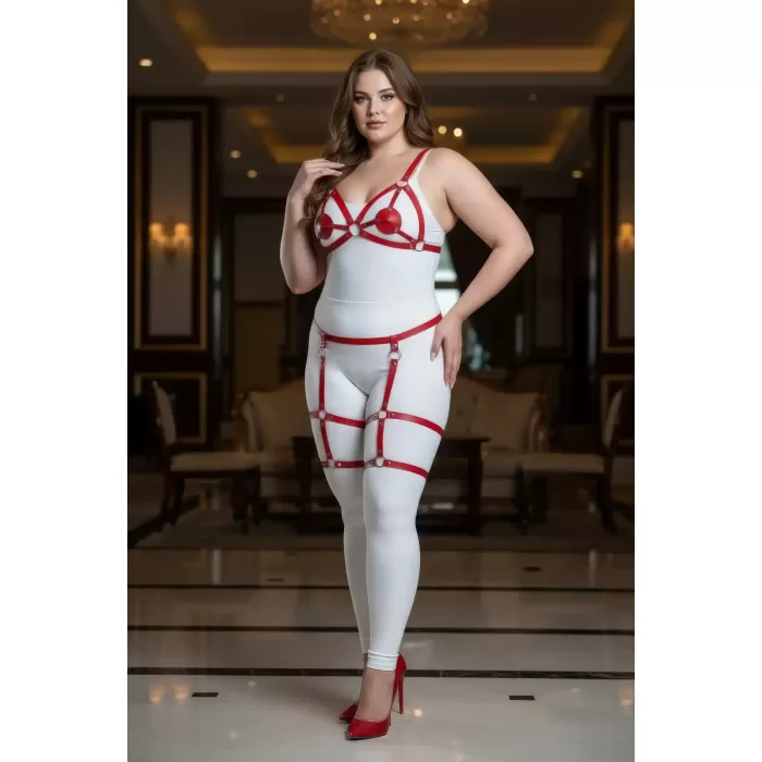 Büyük Beden Kırmızı Kadın Jartiyer Harness Deri Fantazi Giyim Takımı - APFT285