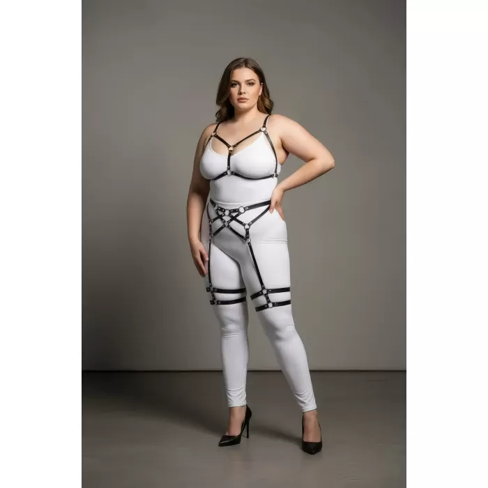 Büyük Beden Siyah Kadın Jartiyer Harness Full Body Deri Takım - APFT289