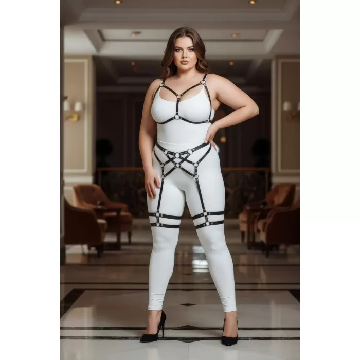 Büyük Beden Siyah Kadın Jartiyer Harness Full Body Deri Takım - APFT289