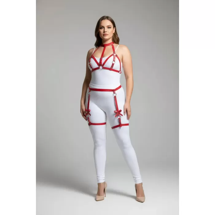 Büyük Beden Kırmızı Kadın Deri Görünümlü Fiyonk Detaylı Jartiyer Harness Takım - APFT310