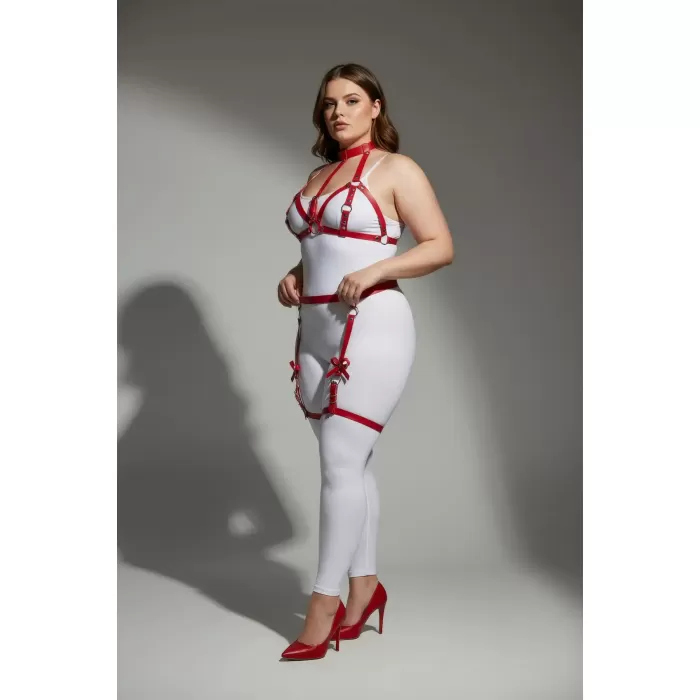Büyük Beden Kırmızı Kadın Deri Görünümlü Fiyonk Detaylı Jartiyer Harness Takım - APFT310