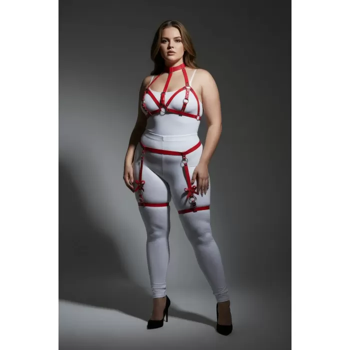 Büyük Beden Kırmızı Kadın Deri Görünümlü Fiyonk Detaylı Jartiyer Harness Takım - APFT310