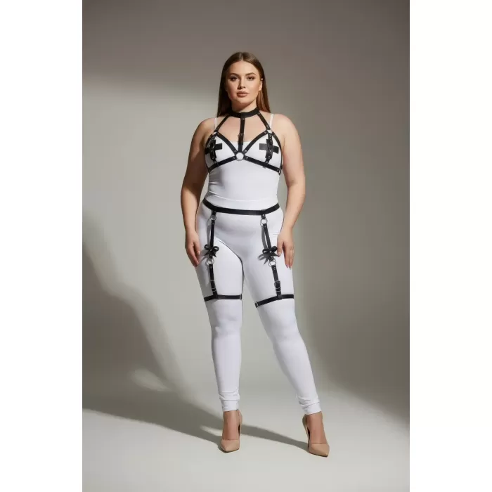 Büyük Beden Siyah Kadın Deri Jartiyer Harness Büstiyer Detaylı Fantazi Takım - APFT310