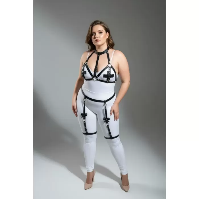 Büyük Beden Siyah Kadın Deri Jartiyer Harness Büstiyer Detaylı Fantazi Takım - APFT310