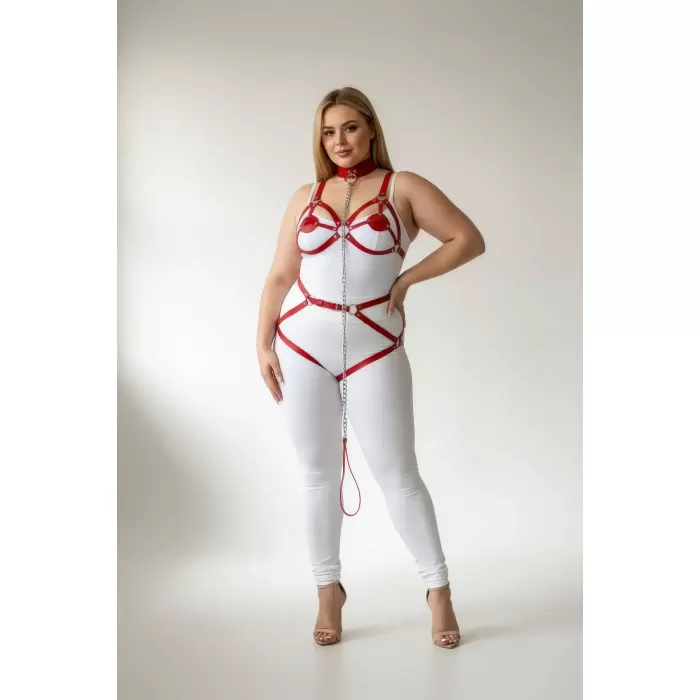 Büyük Beden Kırmızı Kadın Jartiyer Harness Zincir Detaylı Deri Tam Vücut Aksesuarı - APFT311