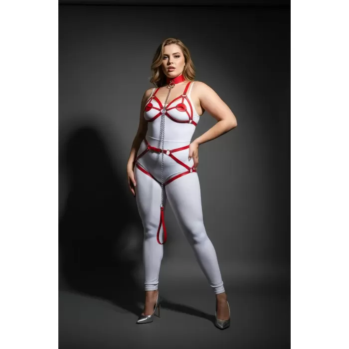 Büyük Beden Kırmızı Kadın Jartiyer Harness Zincir Detaylı Deri Tam Vücut Aksesuarı - APFT311