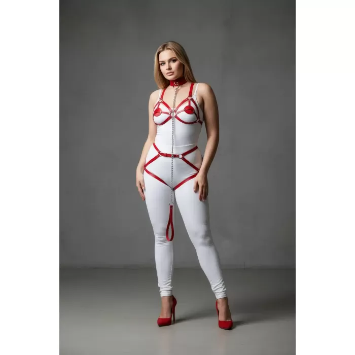 Büyük Beden Kırmızı Kadın Jartiyer Harness Zincir Detaylı Deri Tam Vücut Aksesuarı - APFT311