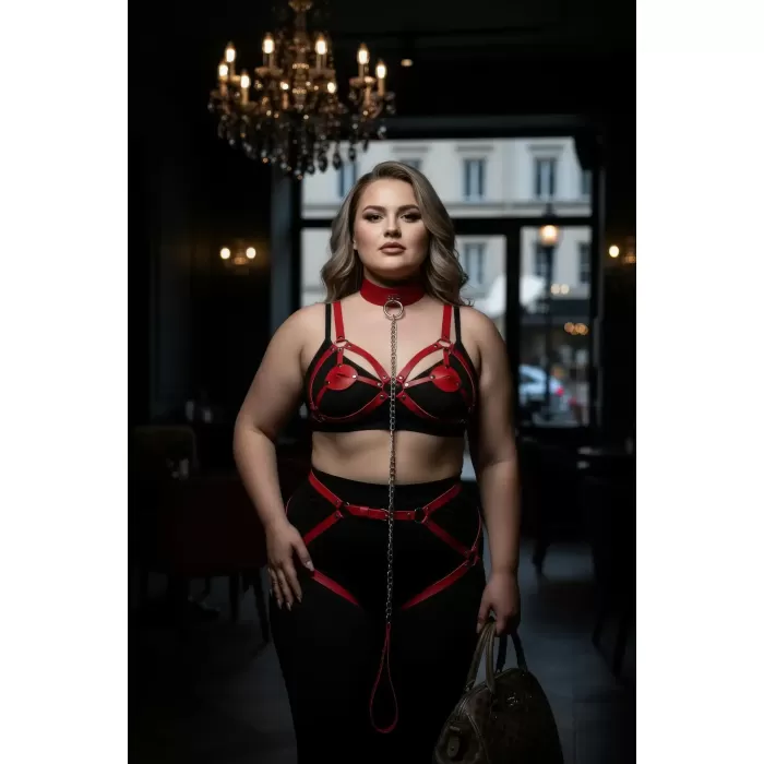 Büyük Beden Kırmızı Kadın Jartiyer Harness Zincir Detaylı Deri Tam Vücut Aksesuarı - APFT311