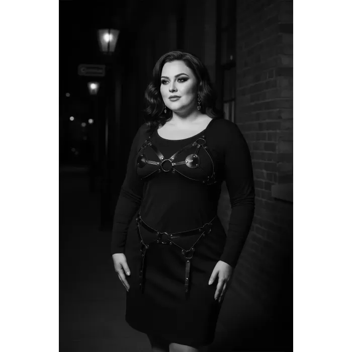 Büyük Beden Siyah Kadın Deri Jartiyer Harness Halka Detaylı Kombin Tamamlayıcı - APFT336