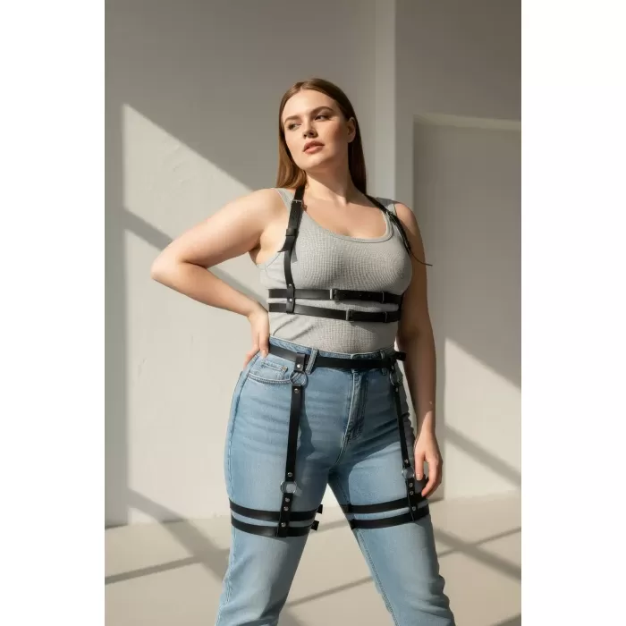 Büyük Beden Siyah Kadın Deri Jartiyer Harness Alt Üst Vücut Aksesuarı - APFT537