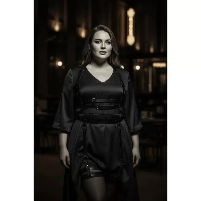 Büyük Beden Siyah Kadın Deri Jartiyer Harness Alt Üst Vücut Aksesuarı - APFT537