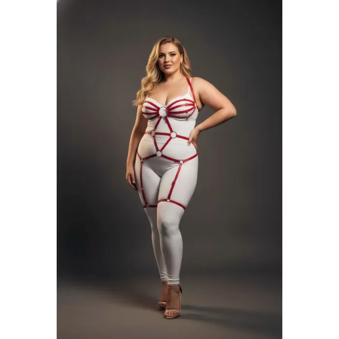 Büyük Beden Kırmızı Kadın Jartiyer Harness Tam Vücut Halka Detaylı Fantazi Aksesuar - APFT568