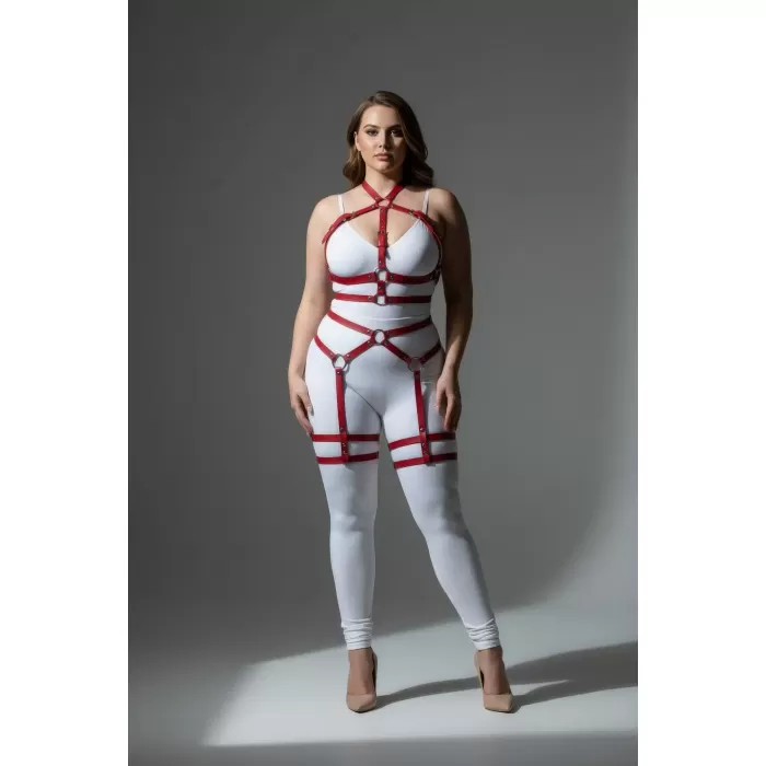 Büyük Beden Kırmızı Kadın Jartiyer Harness Tüm Vücut Saran Deri Fantazi Aksesuar - APFT598