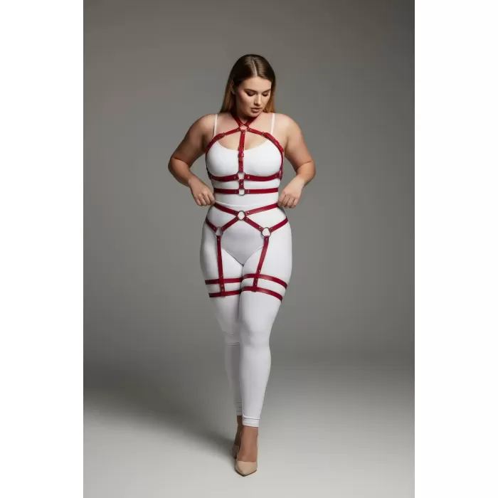 Büyük Beden Kırmızı Kadın Jartiyer Harness Tüm Vücut Saran Deri Fantazi Aksesuar - APFT598