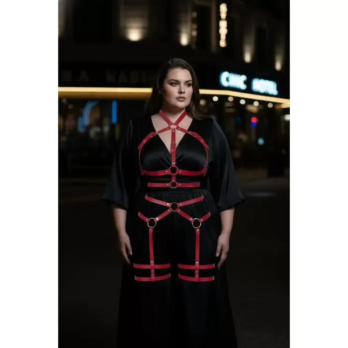 Büyük Beden Kırmızı Kadın Jartiyer Harness Tüm Vücut Saran Deri Fantazi Aksesuar - APFT598