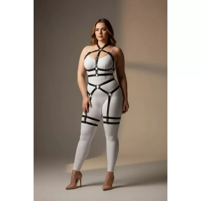 Büyük Beden Siyah Kadın Deri Jartiyer Harness Bel ve Bacak Detaylı Şık Aksesuar - APFT598