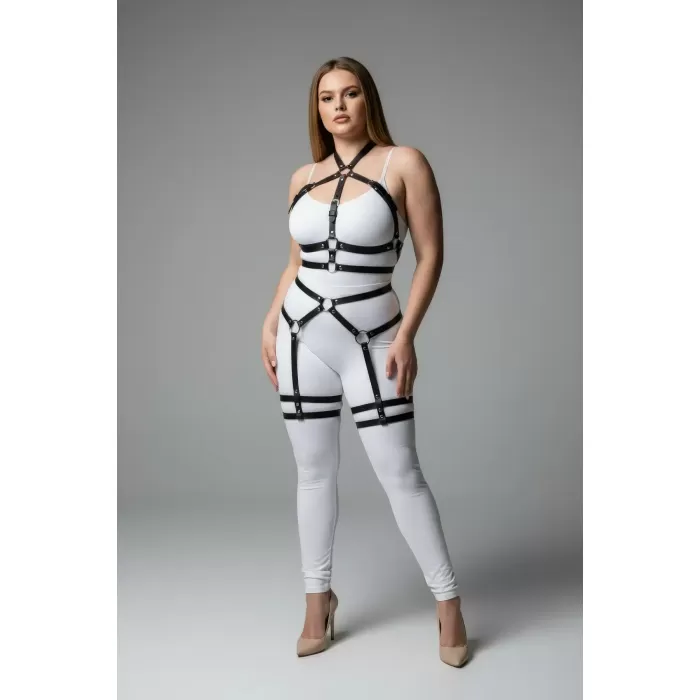 Büyük Beden Siyah Kadın Deri Jartiyer Harness Bel ve Bacak Detaylı Şık Aksesuar - APFT598