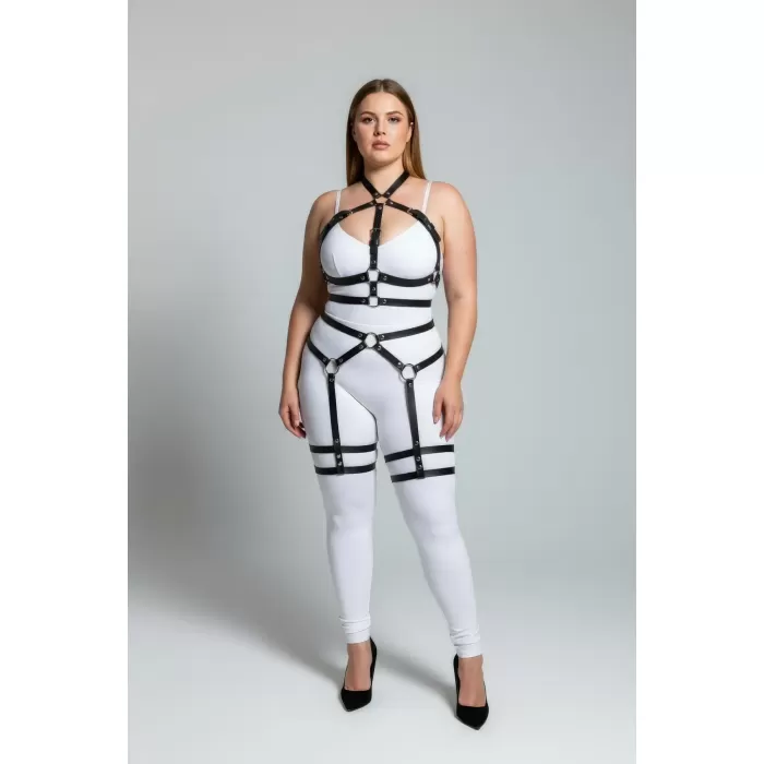 Büyük Beden Siyah Kadın Deri Jartiyer Harness Bel ve Bacak Detaylı Şık Aksesuar - APFT598