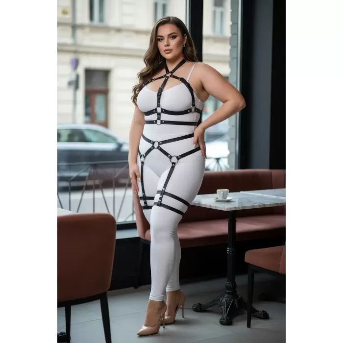 Büyük Beden Siyah Kadın Deri Jartiyer Harness Bel ve Bacak Detaylı Şık Aksesuar - APFT598
