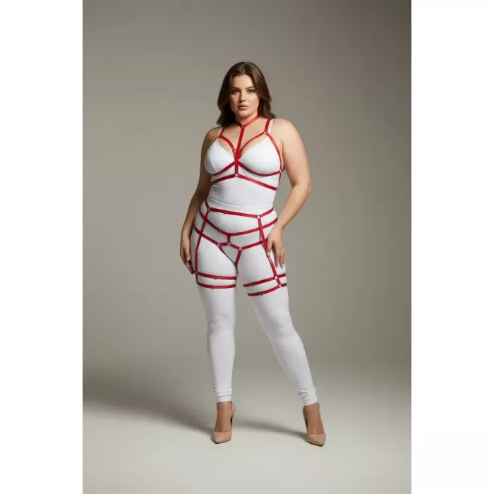 Büyük Beden Kırmızı Kadın Jartiyer Harness Vücudu Saran Fantazi Deri Aksesuar - APFT142