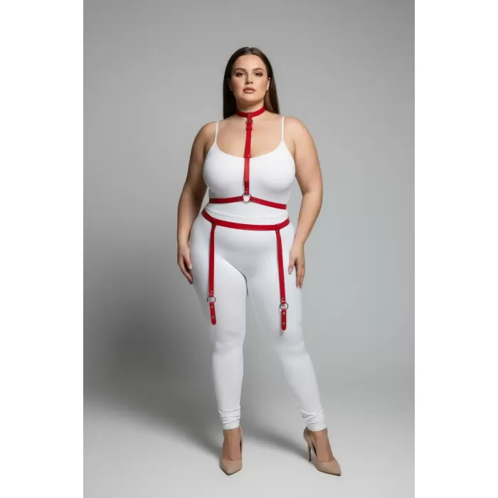 Büyük Beden Kırmızı Kadın Jartiyer Harness Deri Vücut Aksesuarı - APFT230