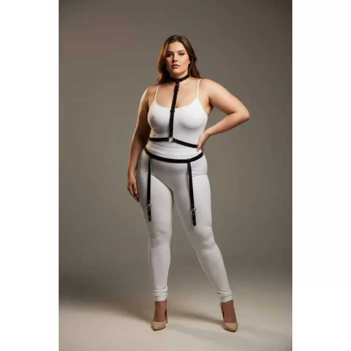 Büyük Beden Siyah Kadın Jartiyer Harness Boyun ve Bacak Detaylı Deri Aksesuar - APFT230