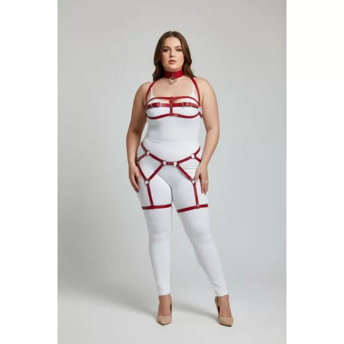 Büyük Beden Kırmızı Kadın Jartiyer Harness Deri Görünümlü Vücut Kombini - APFT242