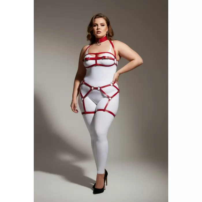 Büyük Beden Kırmızı Kadın Jartiyer Harness Deri Görünümlü Vücut Kombini - APFT242
