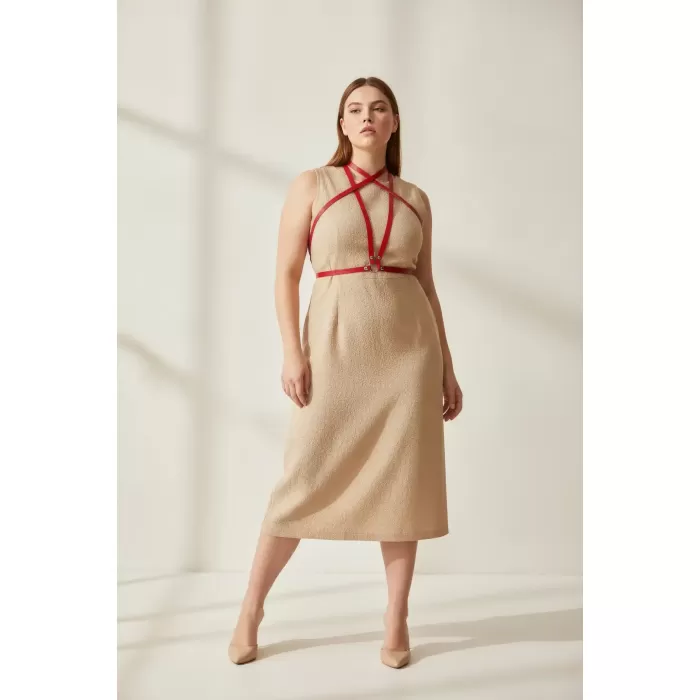 Büyük Beden Kırmızı Kadın Kemer Deri Harness Tarzı Elbise Aksesuarı - APFT15