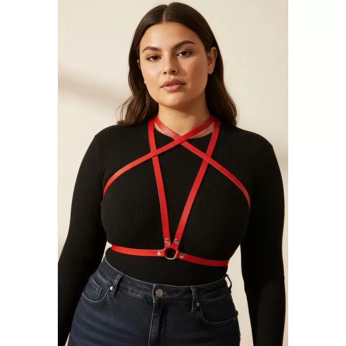 Büyük Beden Kırmızı Kadın Kemer Deri Harness Tarzı Elbise Aksesuarı - APFT15