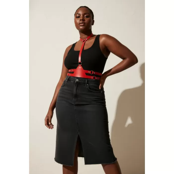 Büyük Beden Kırmızı Kadın Kemer Korse Tarzı Deri Harness Aksesuarı - APFT17